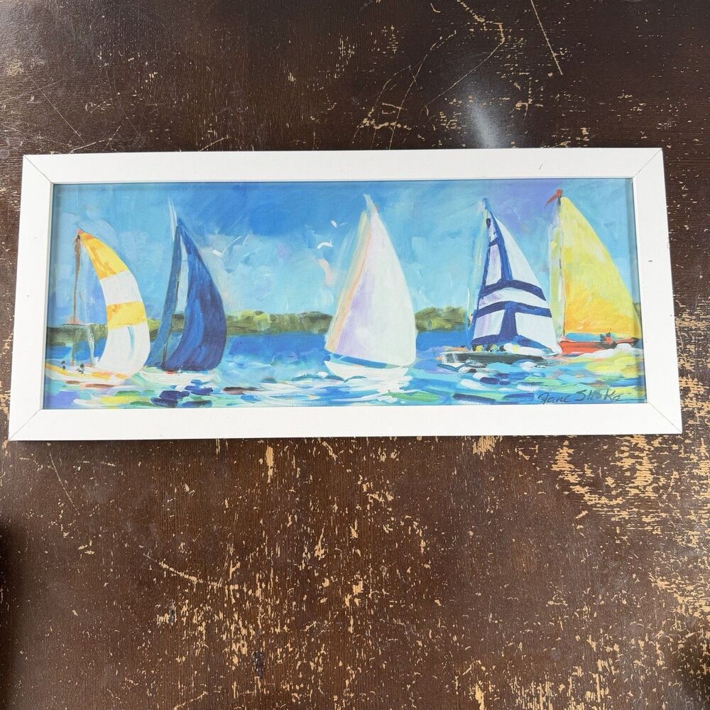 Jane Slivka Framed Sailboat Print – Colorful Regatta Florida Coastal Art 22x10